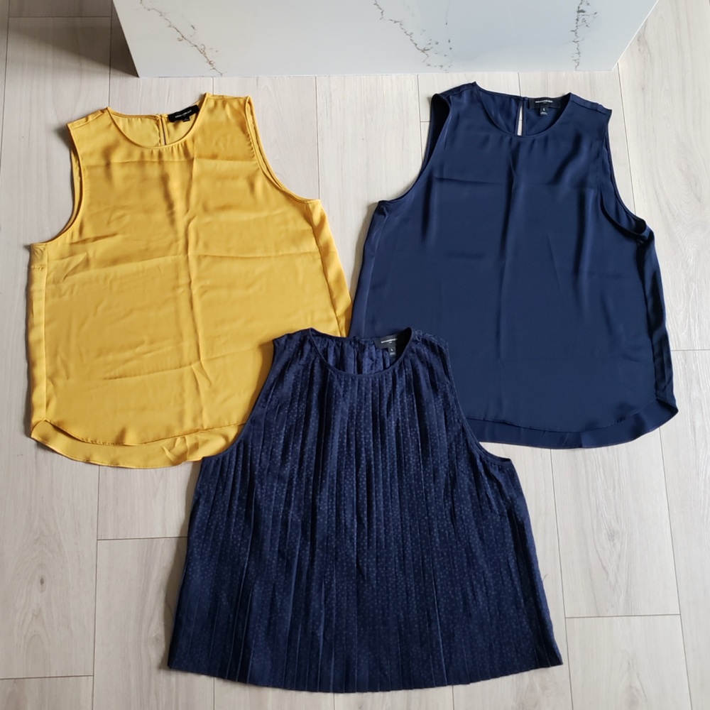 Banana Republic Sleeveless Blouse Lot Womens L Navy Yellow Pleated Dots Work Top